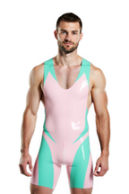 Joyglove Men's High-Gloss PU Leather V-Neck Singlet - Dynamic Color Block Bodysuit