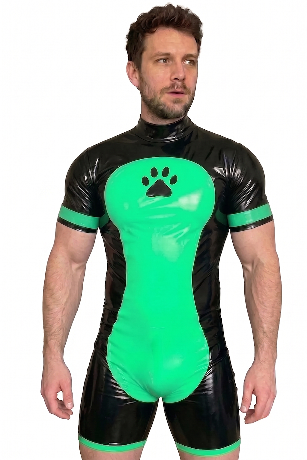 Men's Black & Neon Green High-Gloss PU Short-Sleeve Bodysuit