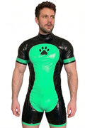 Men's Black & Neon Green High-Gloss PU Short-Sleeve Bodysuit