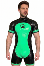 Men's Black & Neon Green High-Gloss PU Short-Sleeve Bodysuit