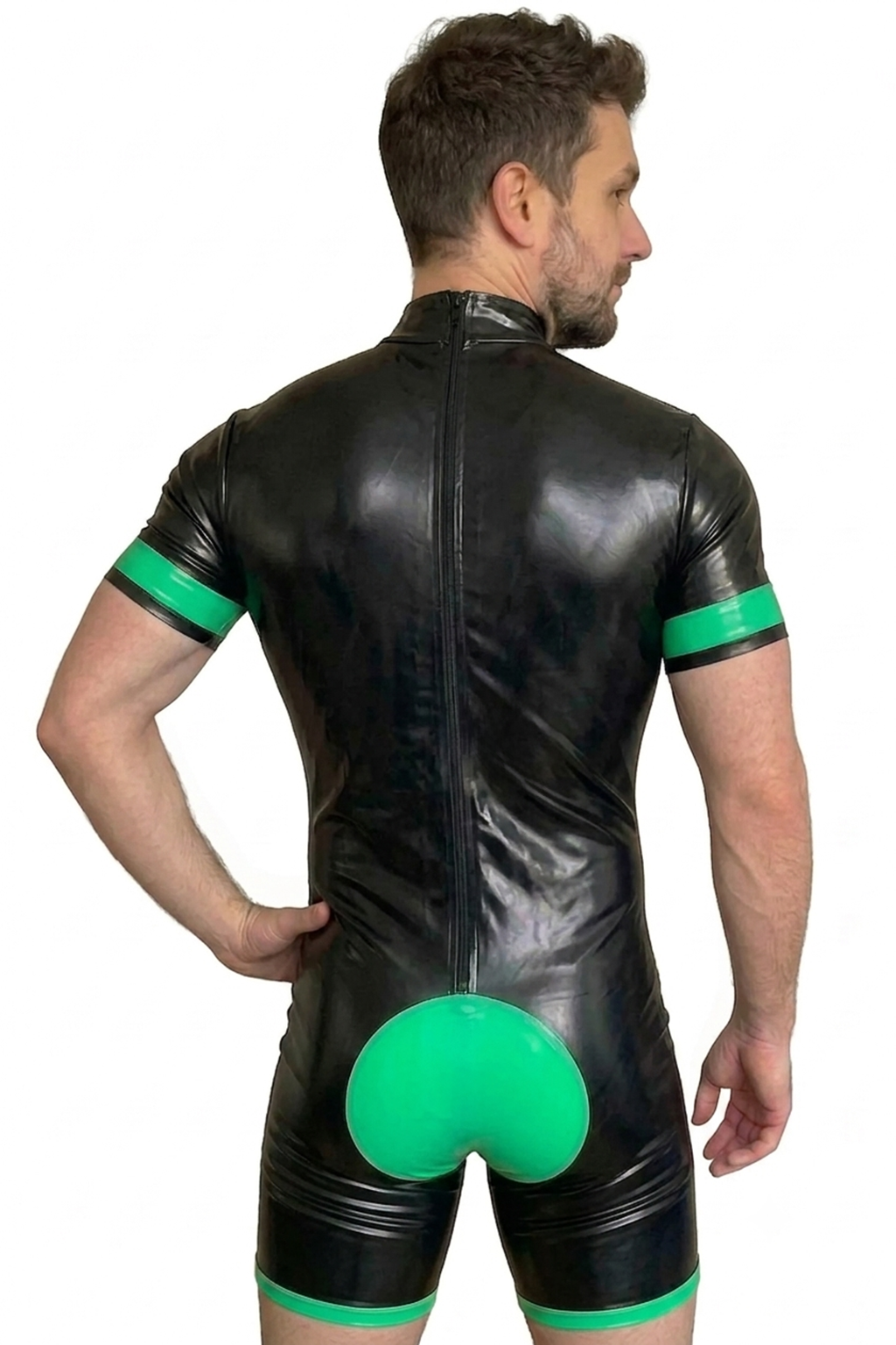 Men's Black & Neon Green High-Gloss PU Short-Sleeve Bodysuit