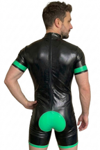 Men's Black & Neon Green High-Gloss PU Short-Sleeve Bodysuit
