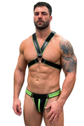 Joyglvoe Men's PU Leather Body Harness Set - Cyberpunk Rave X-Cross Chest Straps with Neon Green Contrast Trim 2-Piece Festival Outfits