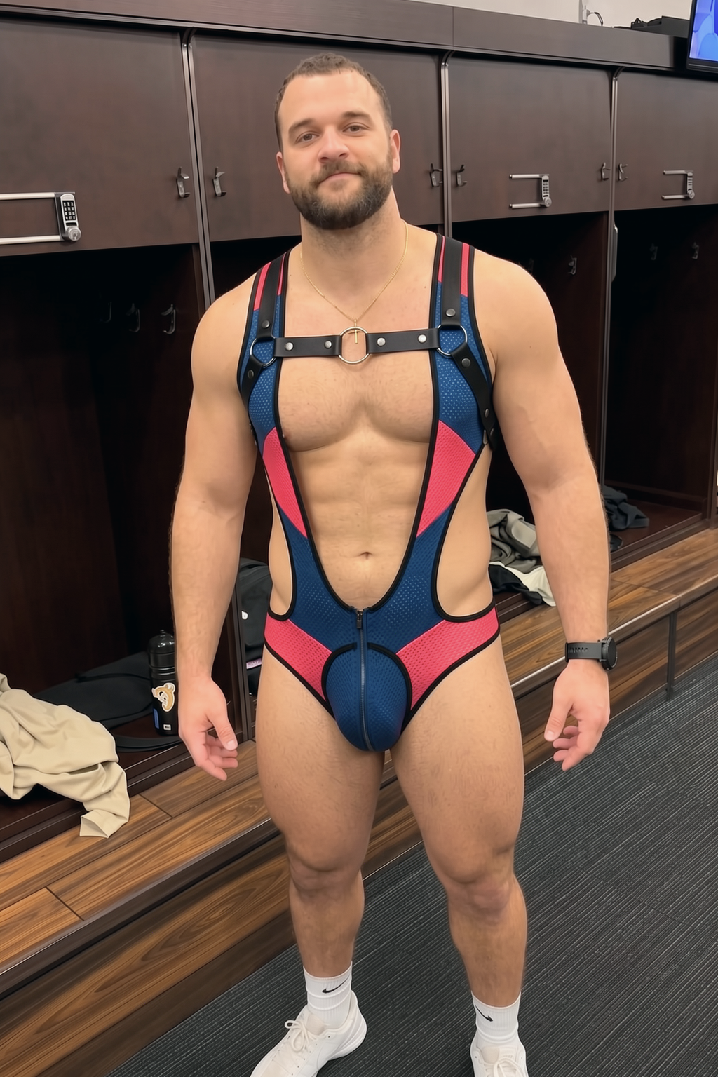 Joyglove Men's Cutout Wrestling Singlet - Mesh Bodysuit with Integrated PU Leather Chest Harness 2-Piece Aesthetic Rave Wear