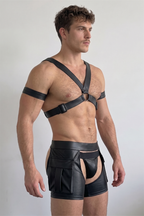 Joyglvoe Men's PU Leather Tactical Harness Set - Cross Chest Straps with Side Pocket Cargo Chaps & Independent Jockstrap 3-Piece Rave Outfits
