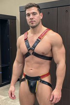 Joyglove Tactical Men's Gladiator Leather Body Harness - Color-Block X-Shape Chest Straps and Double-Studded Pouch Briefs 2-Piece Gear
