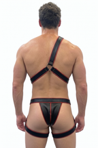 Joyglove Men's PU Leather Single-Shoulder Harness Set - Cyberpunk Black & Red Trim Asymmetrical Chest Harness with Garter Thigh Ring Jockstrap 2-Piece Rave Outfits