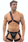 Joyglove Men's PU Leather Single-Shoulder Harness Set - Cyberpunk Black & Red Trim Asymmetrical Chest Harness with Garter Thigh Ring Jockstrap 2-Piece Rave Outfits