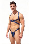 Joyglove Blue Leather BDSM Harness Set for Men - Adjustable Criss-Cross Chest Harness with Jockstrap