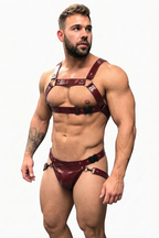 Joyglove Maroon Leather BDSM Harness Set for Men - Adjustable Chest Harness with Jockstrap