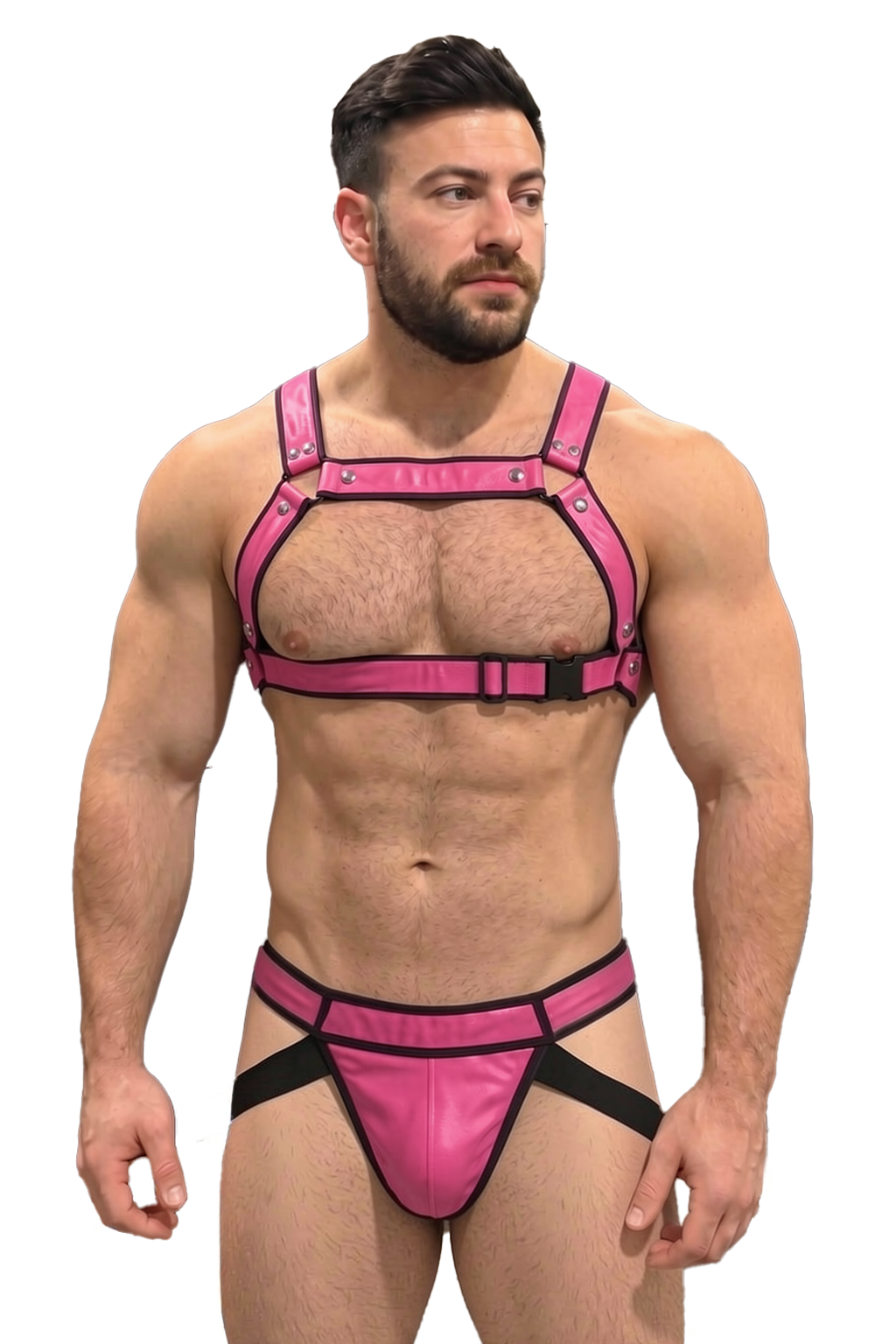 Joyglove Pink Leather BDSM Harness Set for Men - Adjustable Chest Harness with Jockstrap