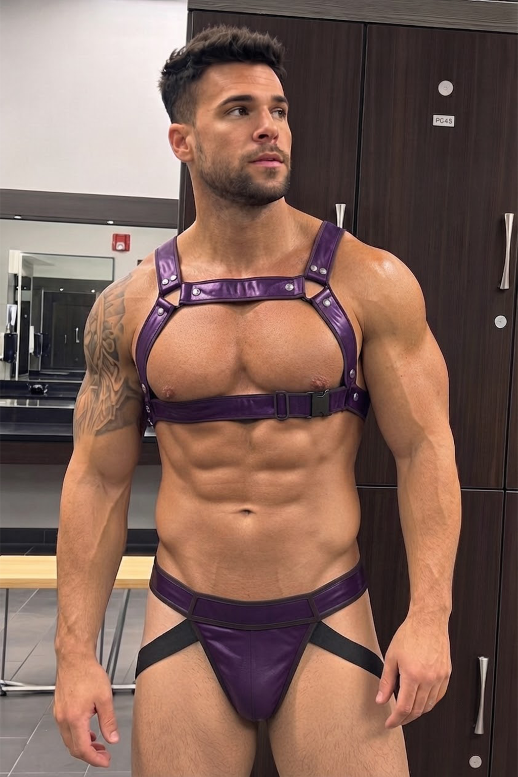 Joyglove Purple Leather BDSM Harness Set for Men - Adjustable Chest Harness with Jockstrap