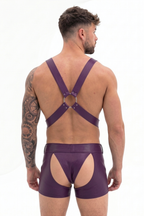 Joyglove Men's Purple Leather Harness Set – Adjustable Chest Harness & Strappy Leather Shorts