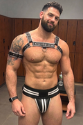 Joyglove Black & White PU Leather Chest Harness Set with O-Ring Detail