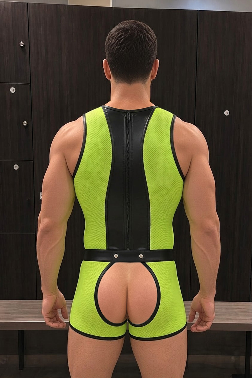Joyglove Neon Green Mesh & PU Leather Singlet, Back Zipper with Open-Seat Cutout