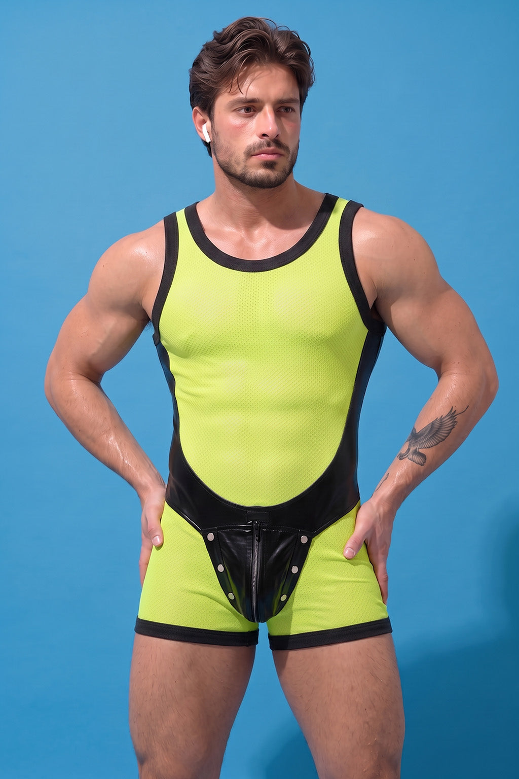 Joyglove Neon Mesh Singlet, Back-Zip One-Piece with PU Leather Zipper Pouch