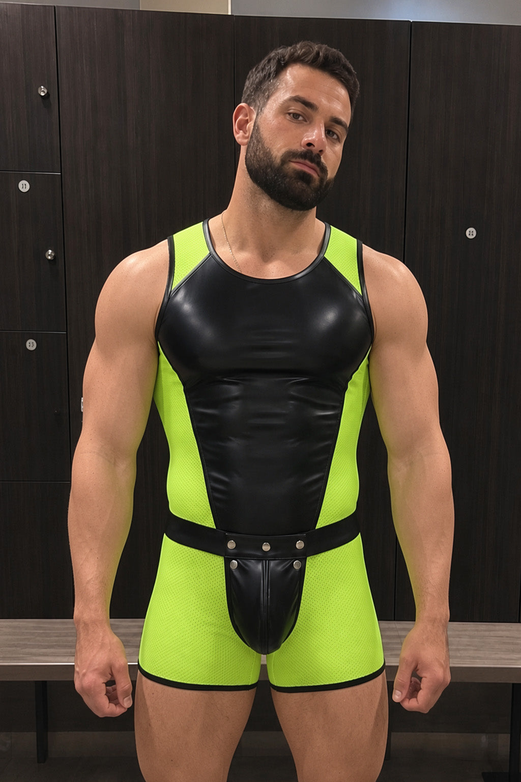 Joyglove Neon Green Mesh & PU Leather Singlet, Back Zipper with Open-Seat Cutout