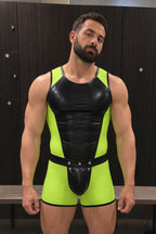 Joyglove Neon Green Mesh & PU Leather Singlet, Back Zipper with Open-Seat Cutout