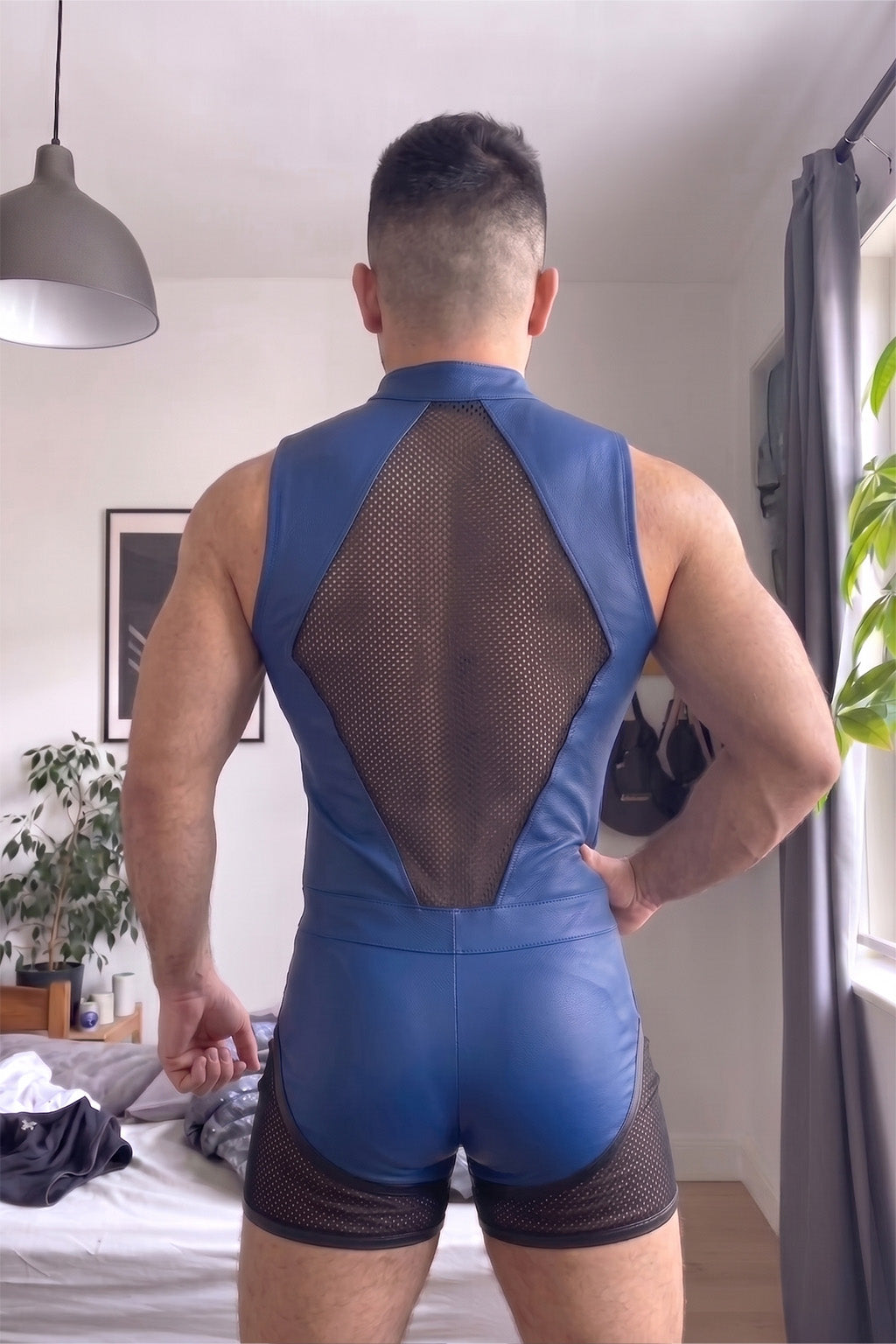Joyglove Blue PU Leather & Mesh Singlet, Zip-Front One-Piece with Back Mesh Panel