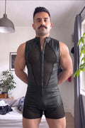 Joyglove Black PU Leather & Mesh Singlet, Zip-Front One-Piece with Breathable Back Panel