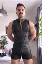 Joyglove Black PU Leather & Mesh Singlet, Zip-Front One-Piece with Breathable Back Panel