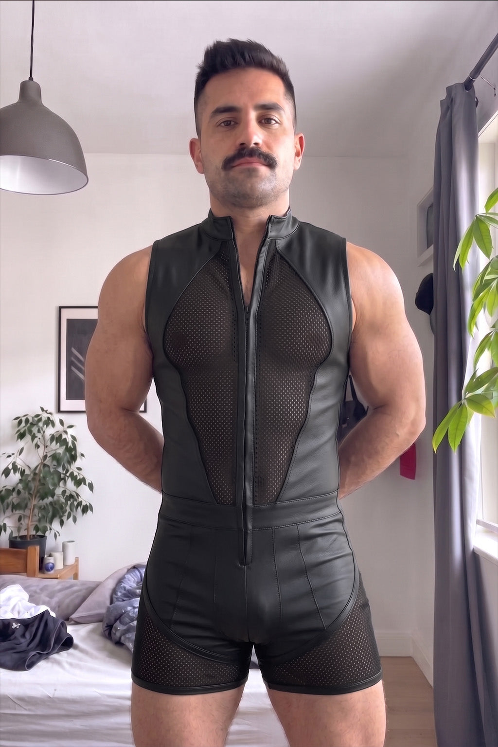 Joyglove Black PU Leather & Mesh Singlet, Zip-Front One-Piece with Breathable Back Panel