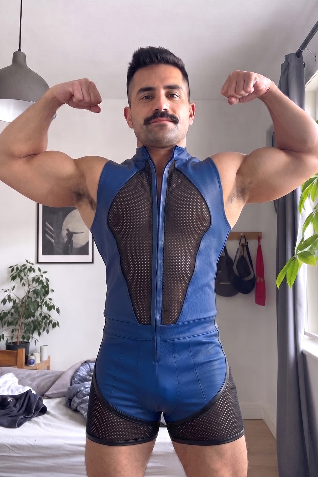 Joyglove Blue PU Leather & Mesh Singlet, Zip-Front One-Piece with Back Mesh Panel
