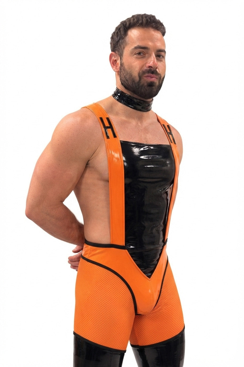 Joyglove Orange & Black Gloss PU Leather Singlet, Open-Back Suspender Straps
