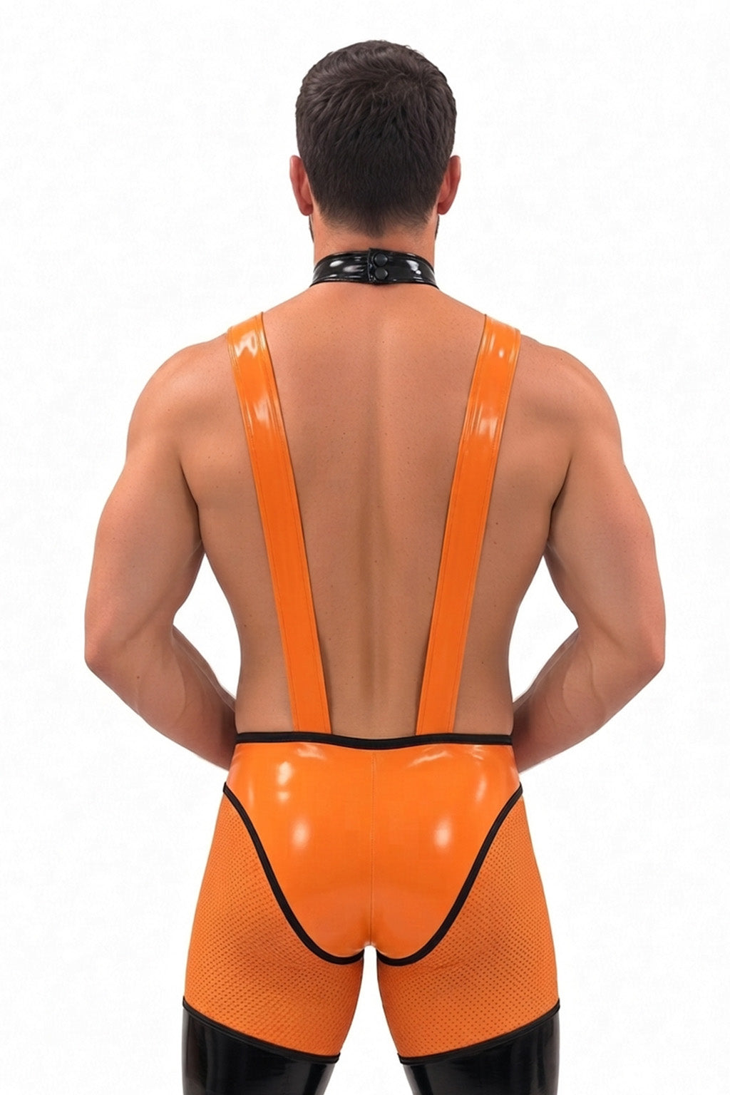 Joyglove Orange & Black Gloss PU Leather Singlet, Open-Back Suspender Straps