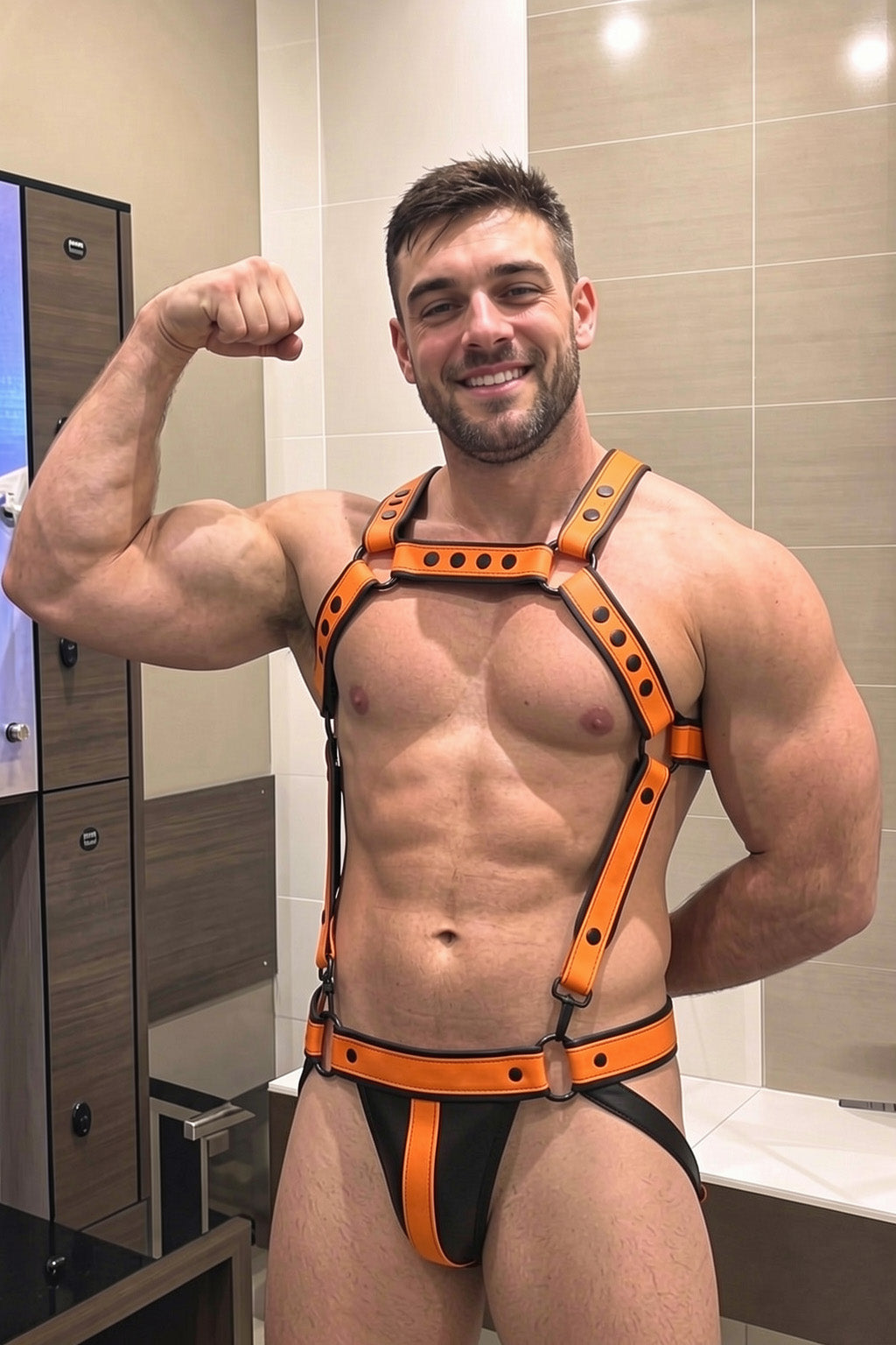 Joyglove Orange & Black PU Leather Harness Jockstrap Set, X-Back Ring Straps