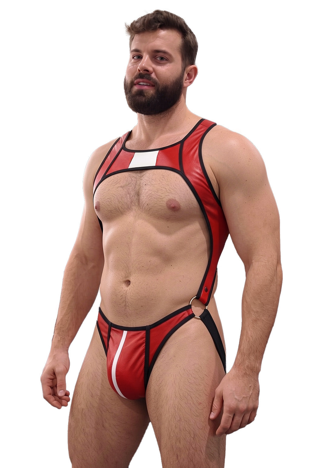 Joyglove Red PU Leather Harness Jockstrap, Open-Chest Cutout with Ring Sides