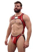 Joyglove Red PU Leather Harness Jockstrap, Open-Chest Cutout with Ring Sides