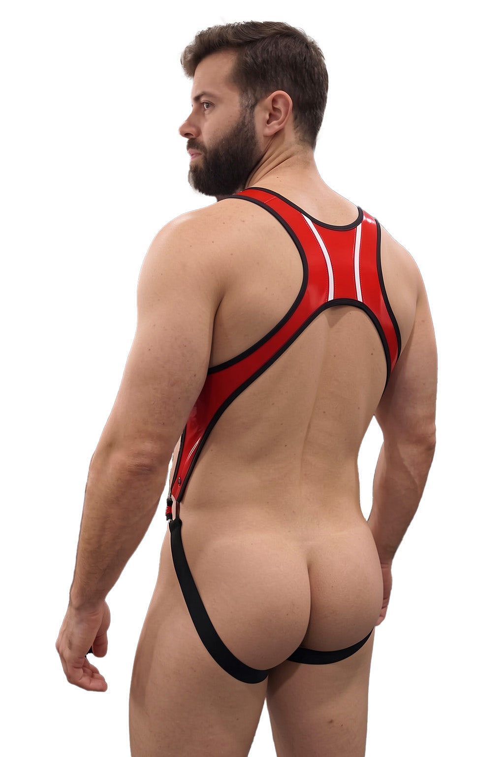 Joyglove Red PU Leather Harness Jockstrap, Open-Chest Cutout with Ring Sides