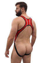 Joyglove Red PU Leather Harness Jockstrap, Open-Chest Cutout with Ring Sides