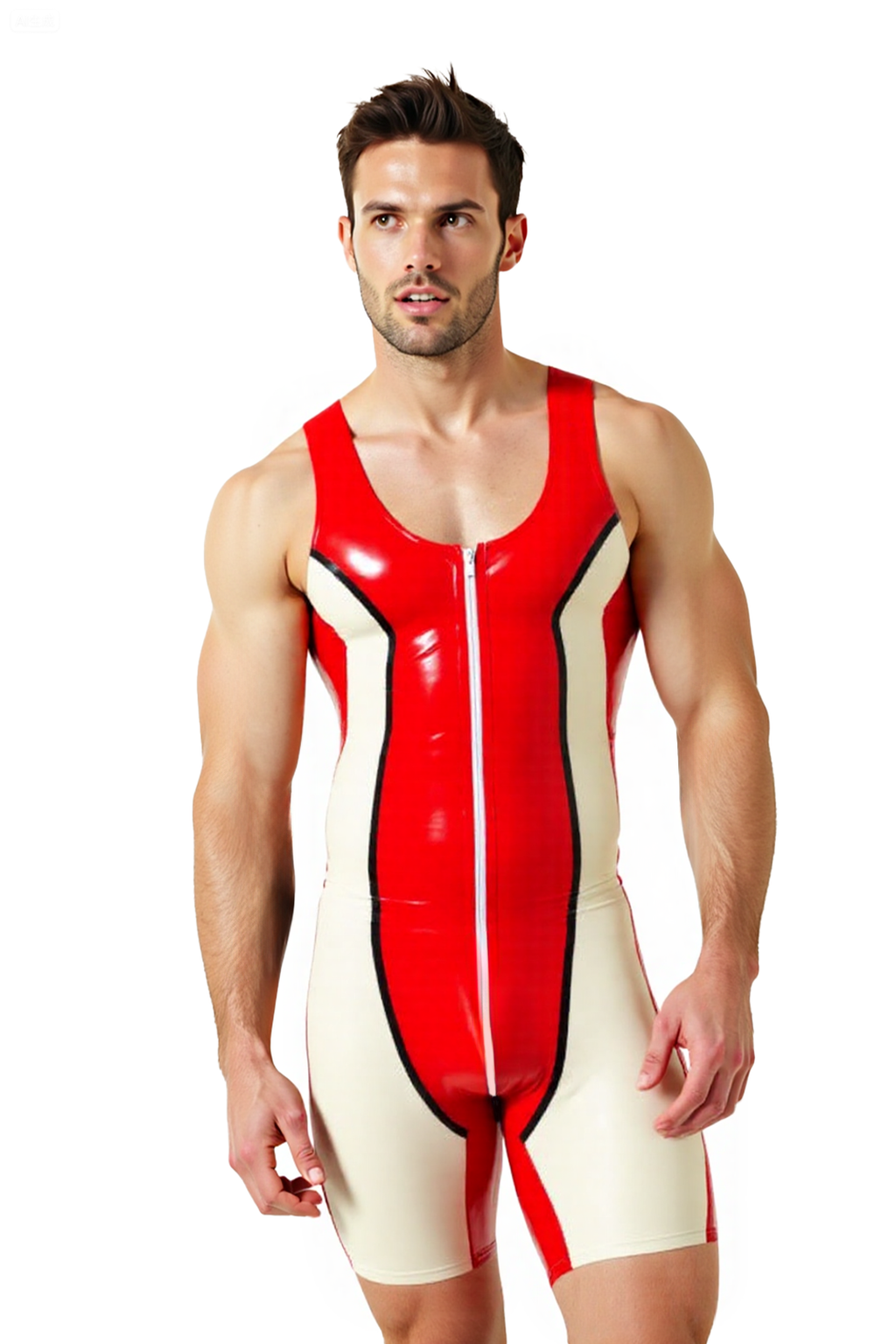 JoyLGBT Men’s Glossy Red & White Leather-Look Bodysuit with Front Zipper – Tight Fit Fetishwear	