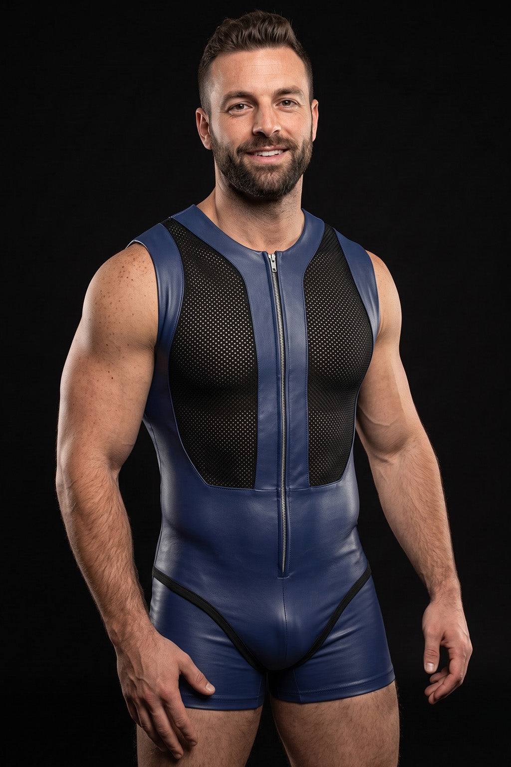 Joyglove Blue PU Leather & Mesh Singlet, Zip-Front One-Piece with Jockstrap Back