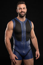 Joyglove Blue PU Leather & Mesh Singlet, Zip-Front One-Piece with Jockstrap Back