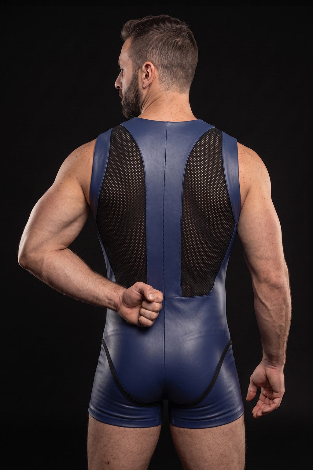 Joyglove Blue PU Leather & Mesh Singlet, Zip-Front One-Piece with Jockstrap Back
