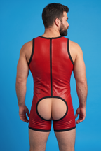 Joyglove Red Gloss PU Leather Singlet, Back Zipper with Open-Seat Cutout