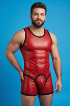 Joyglove Red Gloss PU Leather Singlet, Back Zipper with Open-Seat Cutout