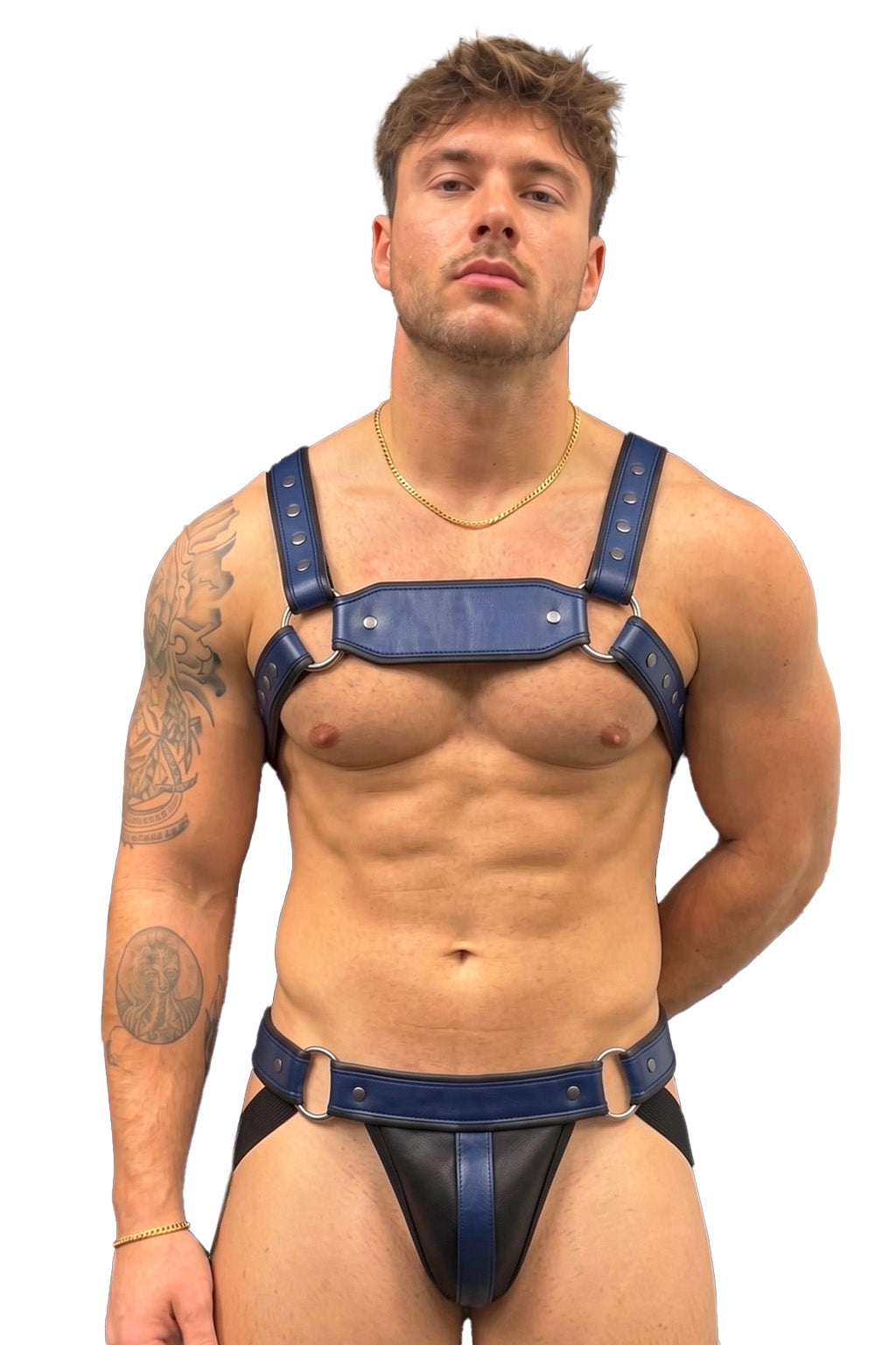 Joyglove Blue PU Leather Harness Jockstrap Set, O-Ring Back Detail & Metal Hardware