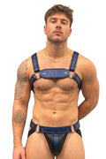 Joyglove Blue PU Leather Harness Jockstrap Set, O-Ring Back Detail & Metal Hardware
