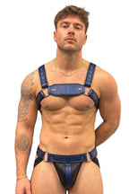 Joyglove Blue PU Leather Harness Jockstrap Set, O-Ring Back Detail & Metal Hardware