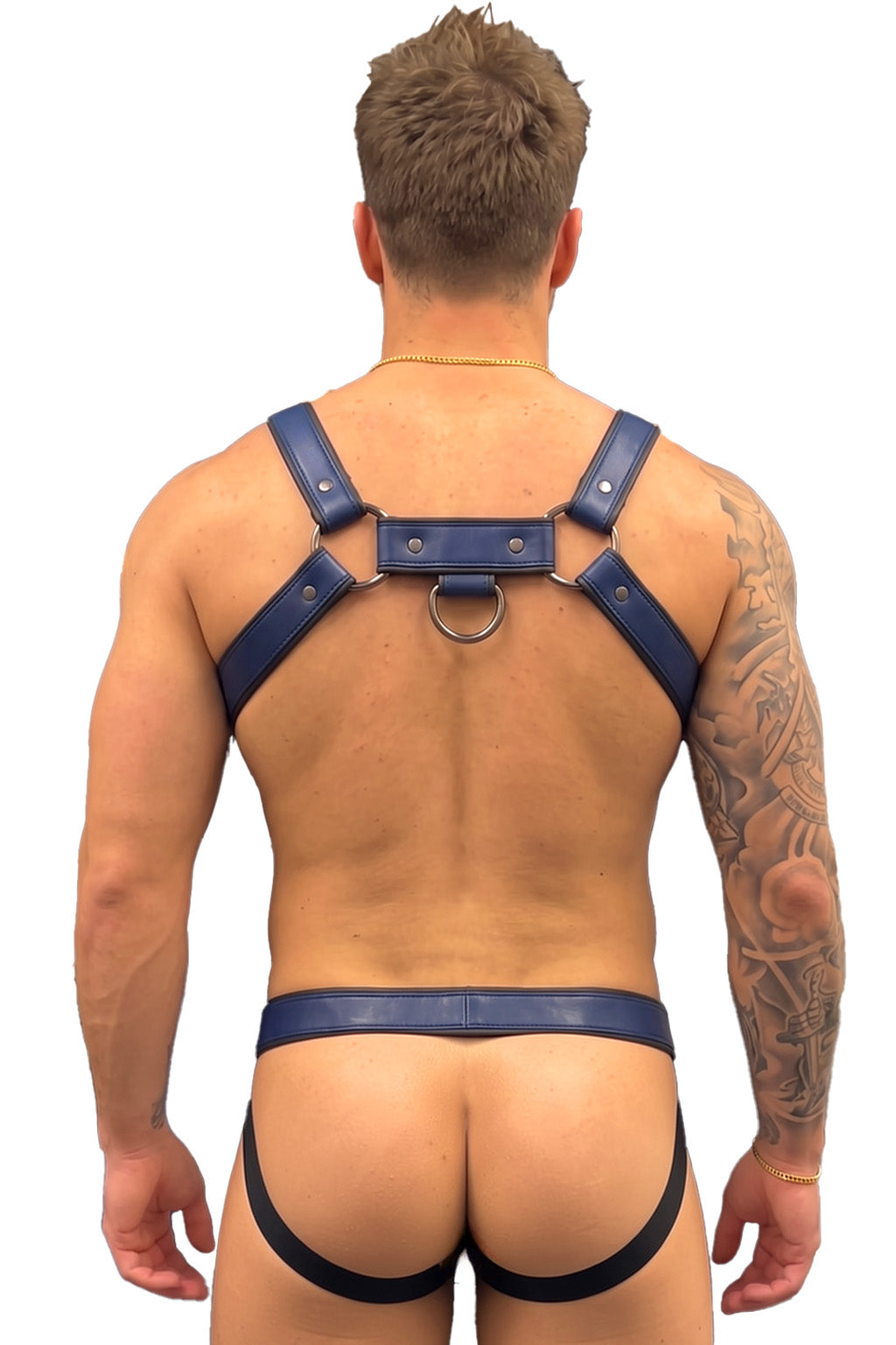 Joyglove Blue PU Leather Harness Jockstrap Set, O-Ring Back Detail & Metal Hardware
