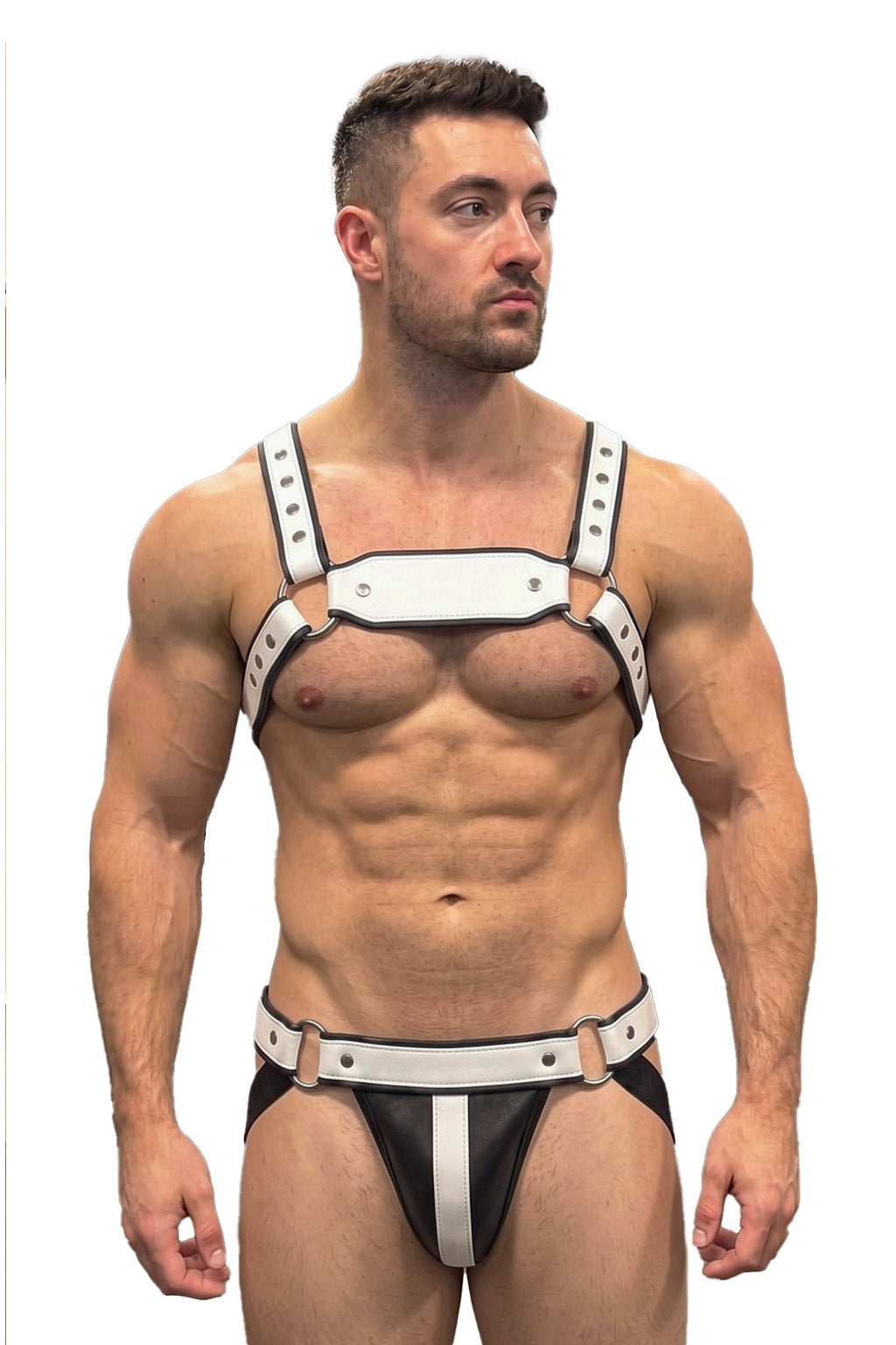 Joyglove White PU Leather Harness Jockstrap Set, O-Ring Back Detail & Metal Rings