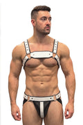Joyglove White PU Leather Harness Jockstrap Set, O-Ring Back Detail & Metal Rings
