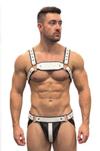 Joyglove White PU Leather Harness Jockstrap Set, O-Ring Back Detail & Metal Rings