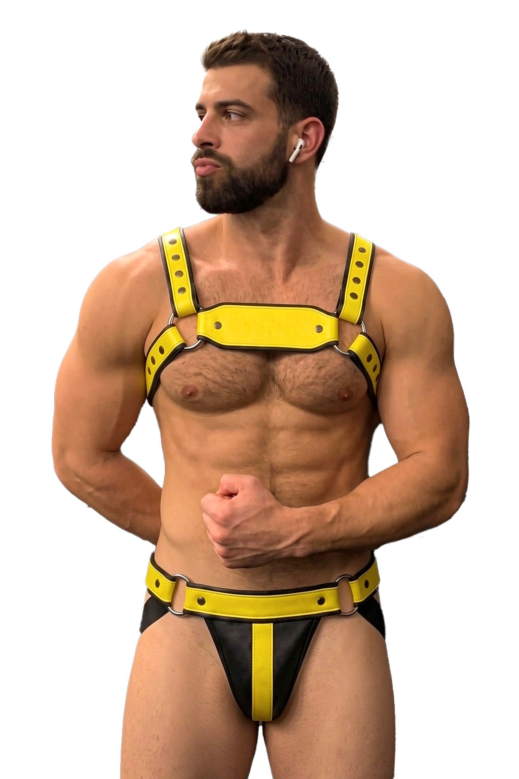 Joyglove Yellow PU Leather Harness Jockstrap Set, O-Ring Back Detail & Metal Rings