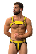 Joyglove Yellow PU Leather Harness Jockstrap Set, O-Ring Back Detail & Metal Rings