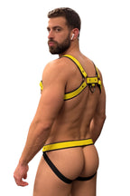 Joyglove Yellow PU Leather Harness Jockstrap Set, O-Ring Back Detail & Metal Rings